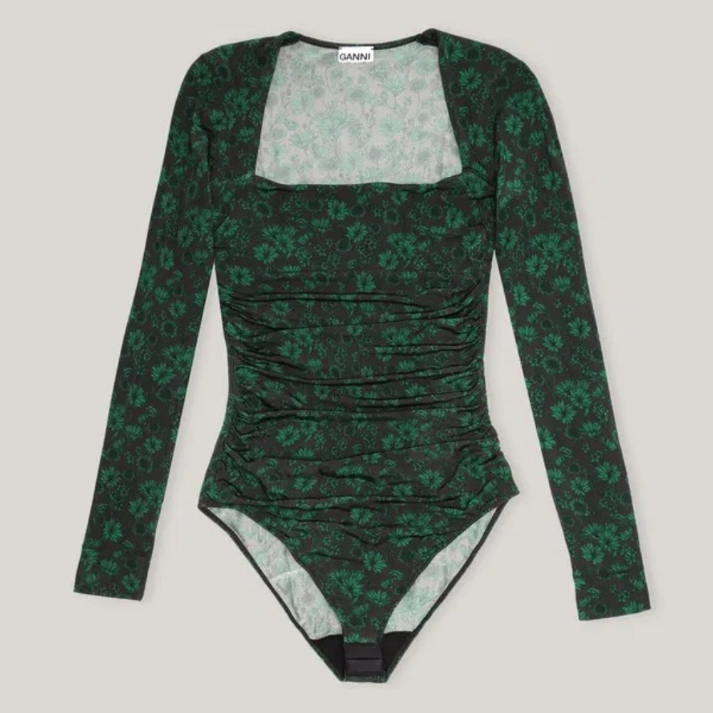 NWT GANNI Stretch Dark Green Floral Square Neck Bodysuit - Size Medium